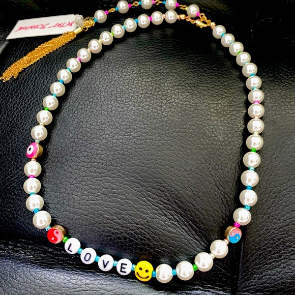 Betsey Johnson LOVE Pearl Rainbow Gold Tone Tassel Extender Collar Necklace NWT - Picture 11 of 14